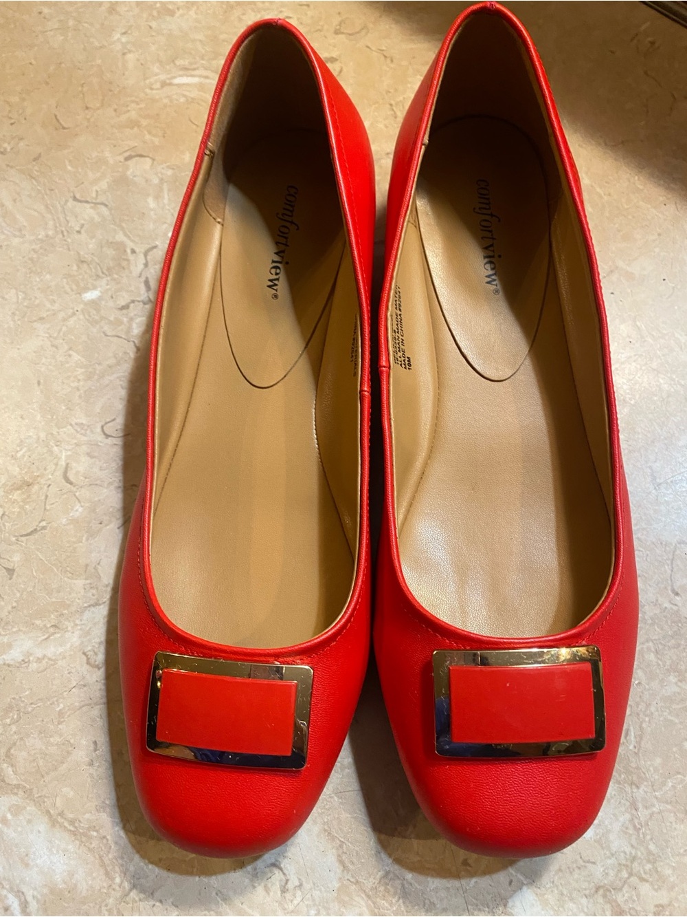 comfortview Red Square-Toe Flats with Gold Buckle